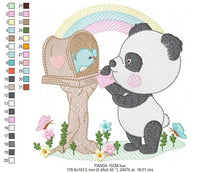 Load image into Gallery viewer, Panda with mailbox embroidery design - Animal with rainbow machine embroidery pattern - Baby boy file - Panda with bird - Instant download
