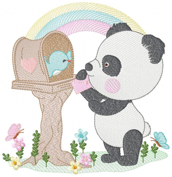 Panda with mailbox embroidery design - Animal with rainbow machine embroidery pattern - Baby boy file - Panda with bird - Instant download
