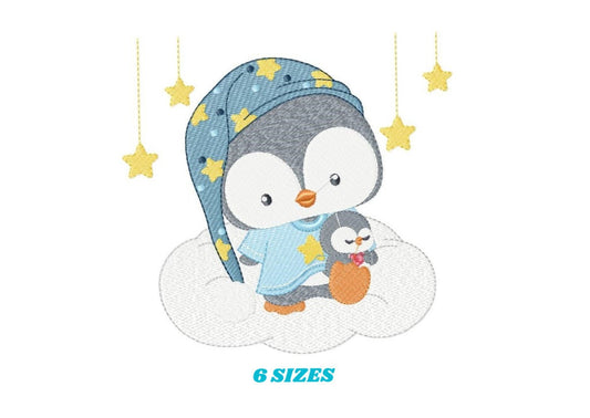 Penguin embroidery design - Animal embroidery designs machine embroidery pattern - Baby boy embroidery file - sleepy penguin night stars