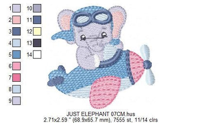 Elephant Pilot embroidery designs - Airplane machine embroidery pattern - Baby Boy Animal aviator in a plane - Instant download pes jef dst