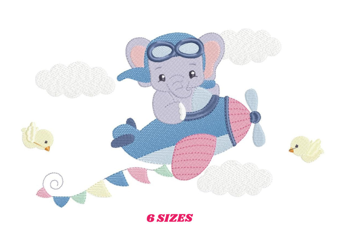 Elephant Pilot embroidery designs - Airplane machine embroidery pattern - Baby Boy Animal aviator in a plane - Instant download pes jef dst