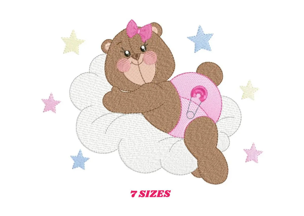 Bear with pink diaper embroidery designs - Baby girl with cloud and stars machine embroidery pattern - Instant digital download pes jef dst Marcia Embroidery