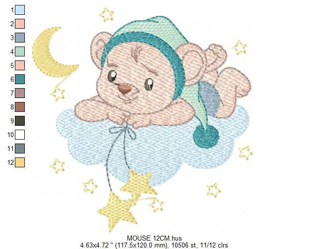 Bear with pajamas embroidery designs - Baby Boy Mouse with cloud stars and moon machine embroidery pattern - Instant download pes jef dst Marcia Embroidery
