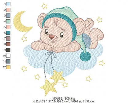 Bear with pajamas embroidery designs - Baby Boy Mouse with cloud stars and moon machine embroidery pattern - Instant download pes jef dst Marcia Embroidery