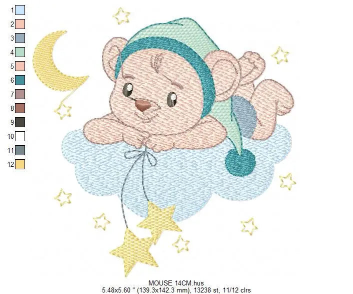 Bear with pajamas embroidery designs - Baby Boy Mouse with cloud stars and moon machine embroidery pattern - Instant download pes jef dst Marcia Embroidery