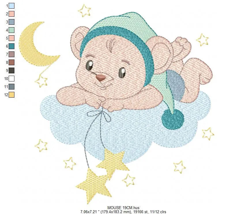 Bear with pajamas embroidery designs - Baby Boy Mouse with cloud stars and moon machine embroidery pattern - Instant download pes jef dst Marcia Embroidery