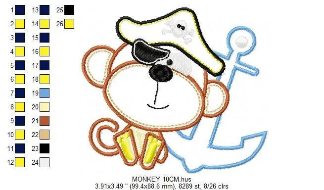 Monkey embroidery designs - Pirate embroidery design machine embroidery pattern - Pirate applique design - Baby boy embroidery digital file Marcia Embroidery