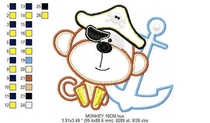 Monkey embroidery designs - Pirate embroidery design machine embroidery pattern - Pirate applique design - Baby boy embroidery digital file Marcia Embroidery