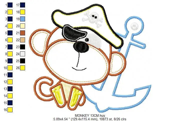 Monkey embroidery designs - Pirate embroidery design machine embroidery pattern - Pirate applique design - Baby boy embroidery digital file Marcia Embroidery