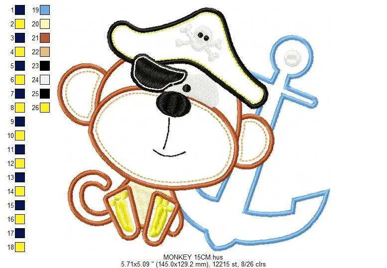 Monkey embroidery designs - Pirate embroidery design machine embroidery pattern - Pirate applique design - Baby boy embroidery digital file Marcia Embroidery