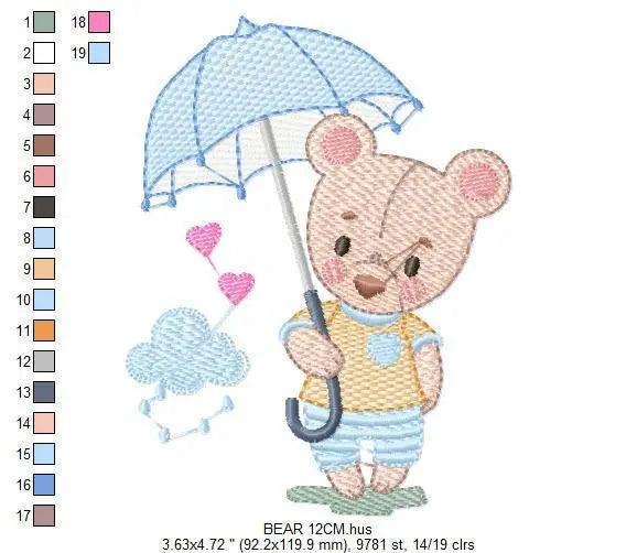Bear embroidery designs - Teddy Bear machine embroidery pattern - Baby boy Bear with umbrella raining file - Instant digital download pes Marcia Embroidery