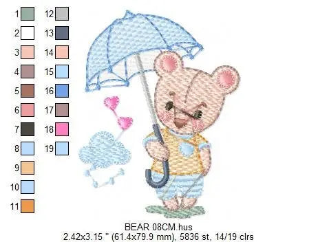 Bear embroidery designs - Teddy Bear machine embroidery pattern - Baby boy Bear with umbrella raining file - Instant digital download pes Marcia Embroidery