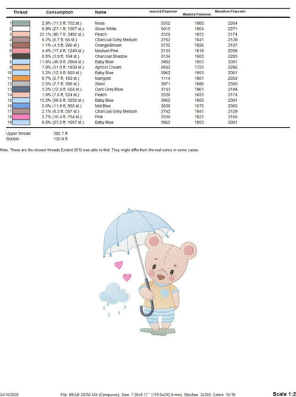 Bear embroidery designs - Teddy Bear machine embroidery pattern - Baby boy Bear with umbrella raining file - Instant digital download pes Marcia Embroidery