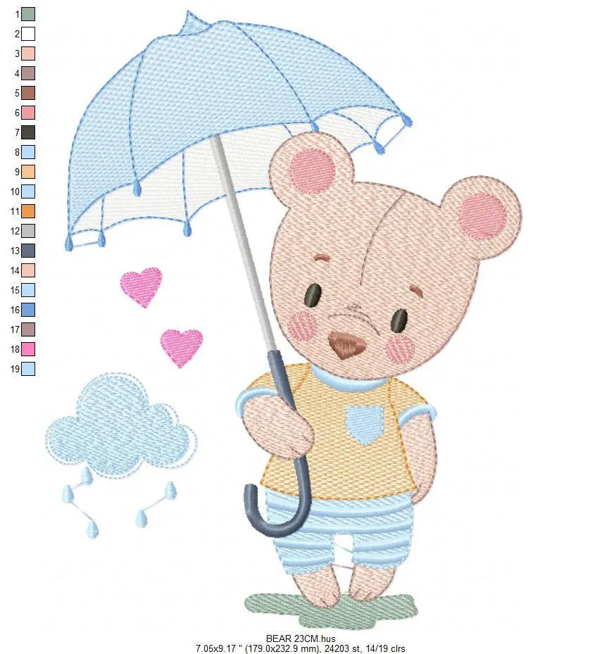 Bear embroidery designs - Teddy Bear machine embroidery pattern - Baby boy Bear with umbrella raining file - Instant digital download pes Marcia Embroidery