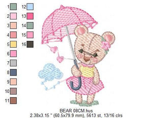 Bear embroidery designs - Teddy embroidery design machine embroidery pattern - bear with umbrella embroidery file - instant download raining