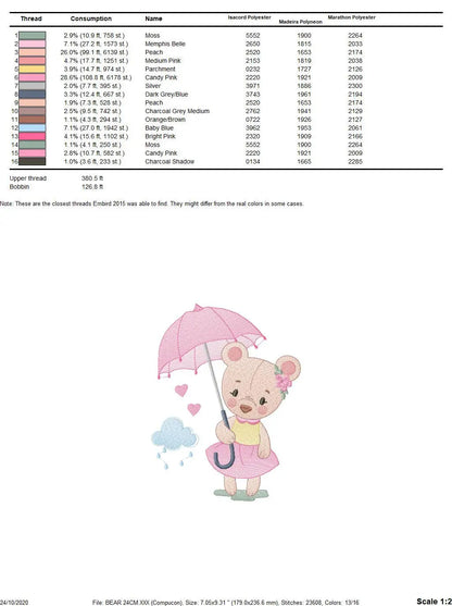 Bear embroidery designs - Teddy embroidery design machine embroidery pattern - bear with umbrella embroidery file - instant download raining Marcia Embroidery