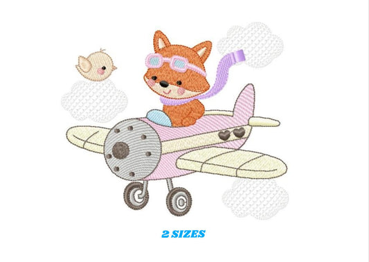 Fox Pilot embroidery designs - Plane with clouds and bird machine embroidery pattern - Fox Pilot aviator - Baby boy file - Instant download