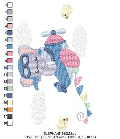 Elephant Pilot embroidery designs - Airplane machine embroidery pattern - Baby Boy Animal aviator in a plane - Instant download pes jef dst