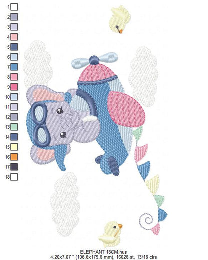 Elephant Pilot embroidery designs - Airplane machine embroidery pattern - Baby Boy Animal aviator in a plane - Instant download pes jef dst
