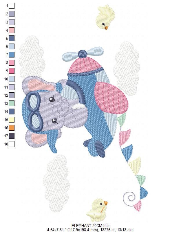 Elephant Pilot embroidery designs - Airplane machine embroidery pattern - Baby Boy Animal aviator in a plane - Instant download pes jef dst