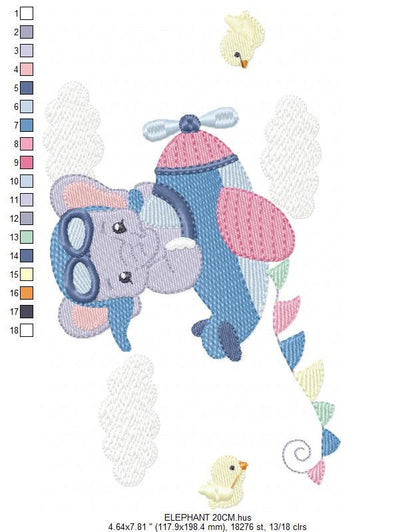 Elephant Pilot embroidery designs - Airplane machine embroidery pattern - Baby Boy Animal aviator in a plane - Instant download pes jef dst
