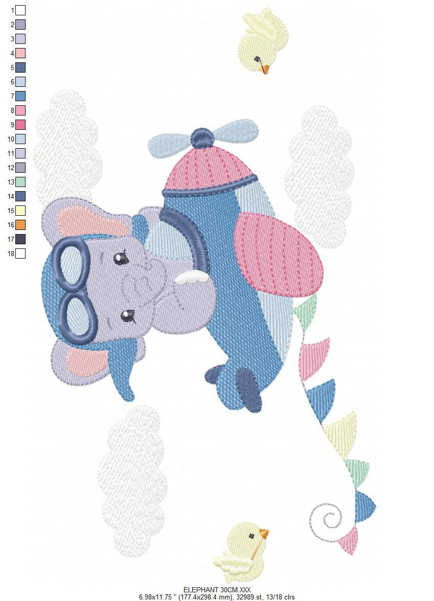 Elephant Pilot embroidery designs - Airplane machine embroidery pattern - Baby Boy Animal aviator in a plane - Instant download pes jef dst