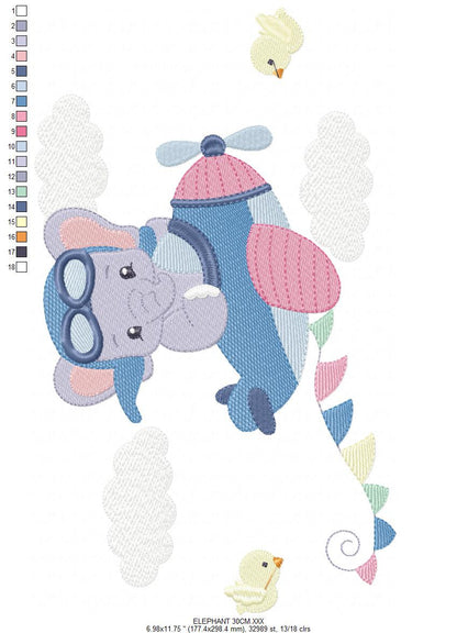 Elephant Pilot embroidery designs - Airplane machine embroidery pattern - Baby Boy Animal aviator in a plane - Instant download pes jef dst