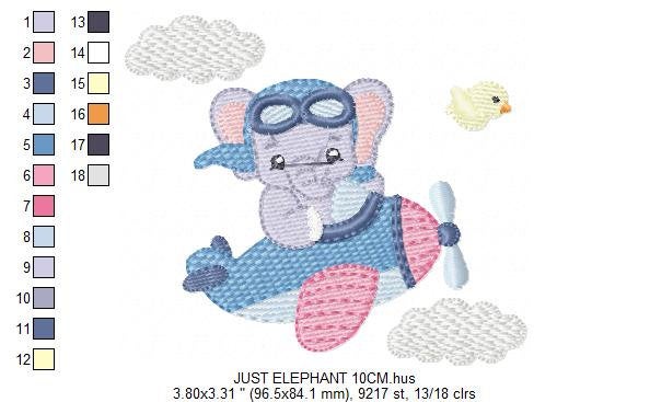 Elephant Pilot embroidery designs - Airplane machine embroidery pattern - Baby Boy Animal aviator in a plane - Instant download pes jef dst