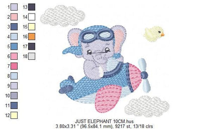 Elephant Pilot embroidery designs - Airplane machine embroidery pattern - Baby Boy Animal aviator in a plane - Instant download pes jef dst