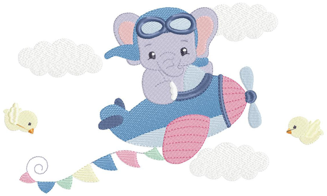 Elephant Pilot embroidery designs - Airplane machine embroidery pattern - Baby Boy Animal aviator in a plane - Instant download pes jef dst