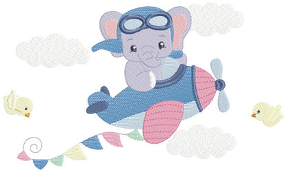 Elephant Pilot embroidery designs - Airplane machine embroidery pattern - Baby Boy Animal aviator in a plane - Instant download pes jef dst