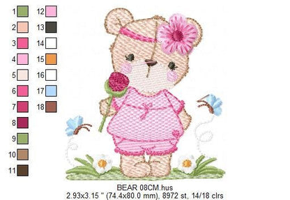 Teddy Bear embroidery designs - Baby girl embroidery design machine embroidery pattern - Bear with flowers embroidery file - download