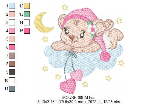 Mouse embroidery designs - Baby girl machine embroidery pattern - Cute sweet bear with cloud - Instant digital download  pes jef dst hus vp3