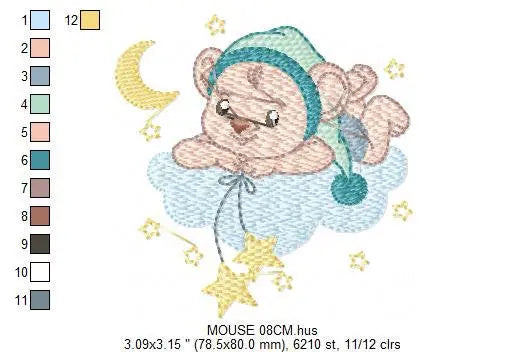 Bear with pajamas embroidery designs - Baby Boy Mouse with cloud stars and moon machine embroidery pattern - Instant download pes jef dst Marcia Embroidery