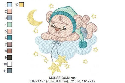 Bear with pajamas embroidery designs - Baby Boy Mouse with cloud stars and moon machine embroidery pattern - Instant download pes jef dst Marcia Embroidery