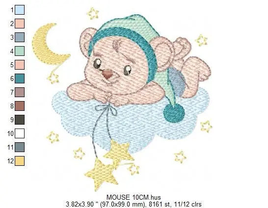 Bear with pajamas embroidery designs - Baby Boy Mouse with cloud stars and moon machine embroidery pattern - Instant download pes jef dst Marcia Embroidery