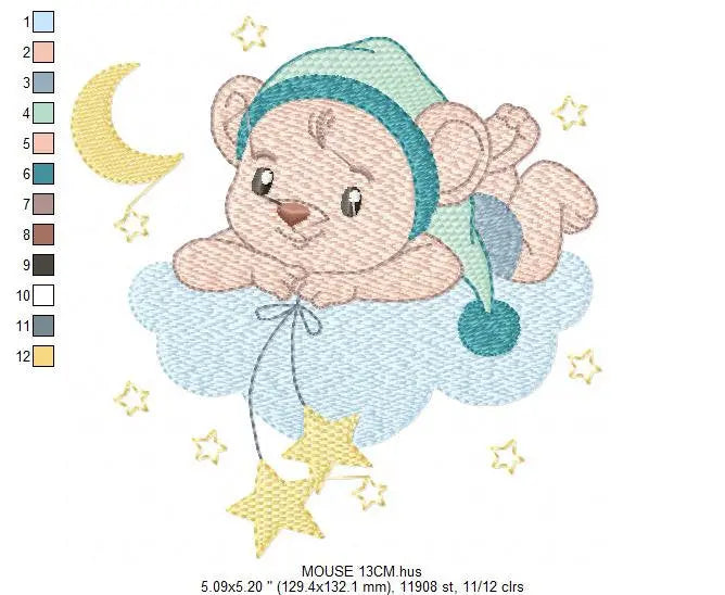 Bear with pajamas embroidery designs - Baby Boy Mouse with cloud stars and moon machine embroidery pattern - Instant download pes jef dst Marcia Embroidery