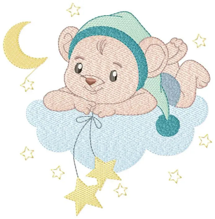 Bear with pajamas embroidery designs - Baby Boy Mouse with cloud stars and moon machine embroidery pattern - Instant download pes jef dst Marcia Embroidery