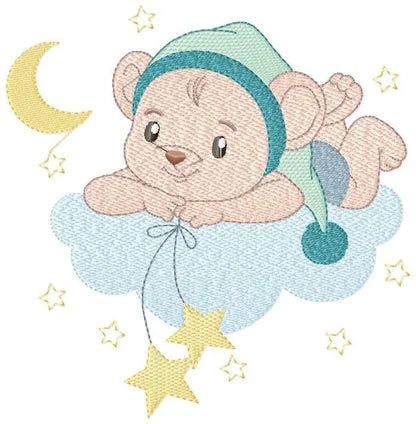 Bear with pajamas embroidery designs - Baby Boy Mouse with cloud stars and moon machine embroidery pattern - Instant download pes jef dst Marcia Embroidery