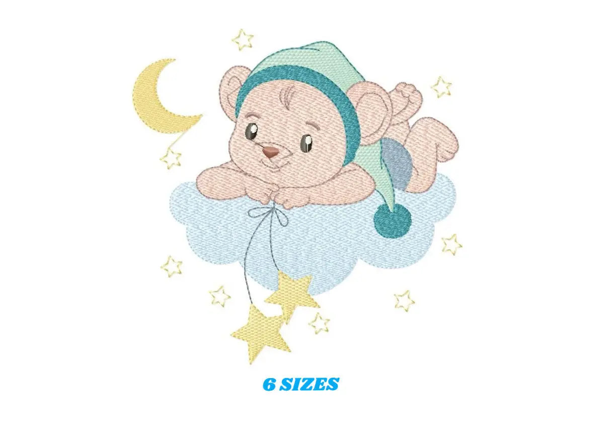 Bear with pajamas embroidery designs - Baby Boy Mouse with cloud stars and moon machine embroidery pattern - Instant download pes jef dst Marcia Embroidery