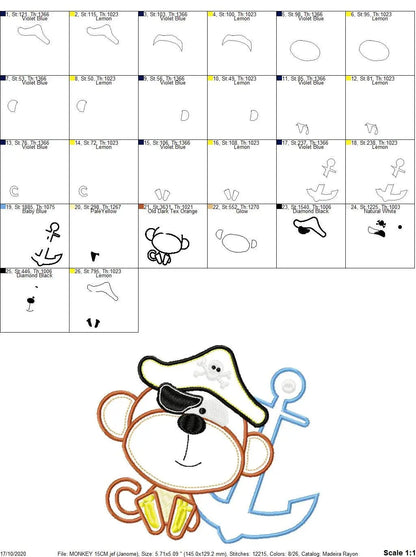 Monkey embroidery designs - Pirate embroidery design machine embroidery pattern - Pirate applique design - Baby boy embroidery digital file Marcia Embroidery