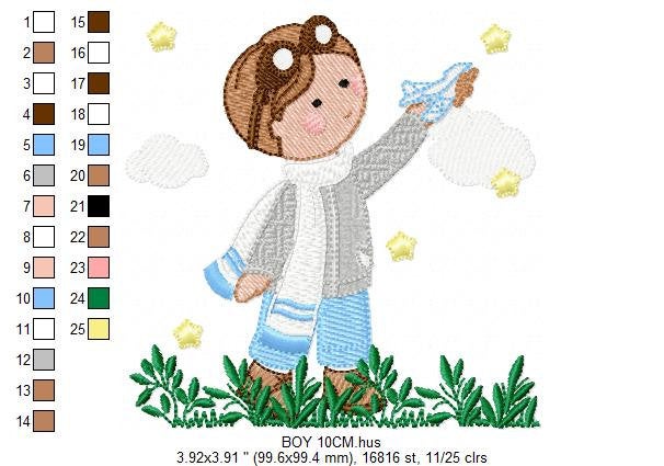 Pilot with goggles embroidery designs - Aviator with toy plane machine embroidery pattern - Baby boy file - Instant digital download pes