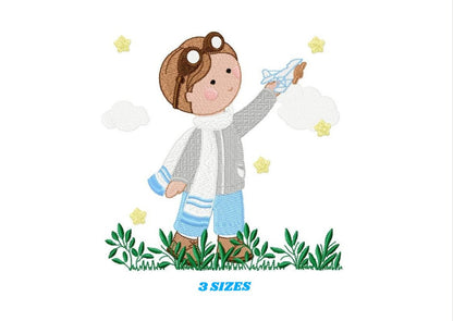 Pilot with goggles embroidery designs - Aviator with toy plane machine embroidery pattern - Baby boy file - Instant digital download pes