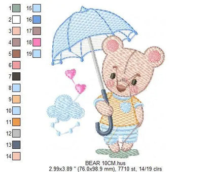 Bear embroidery designs - Teddy Bear machine embroidery pattern - Baby boy Bear with umbrella raining file - Instant digital download pes Marcia Embroidery