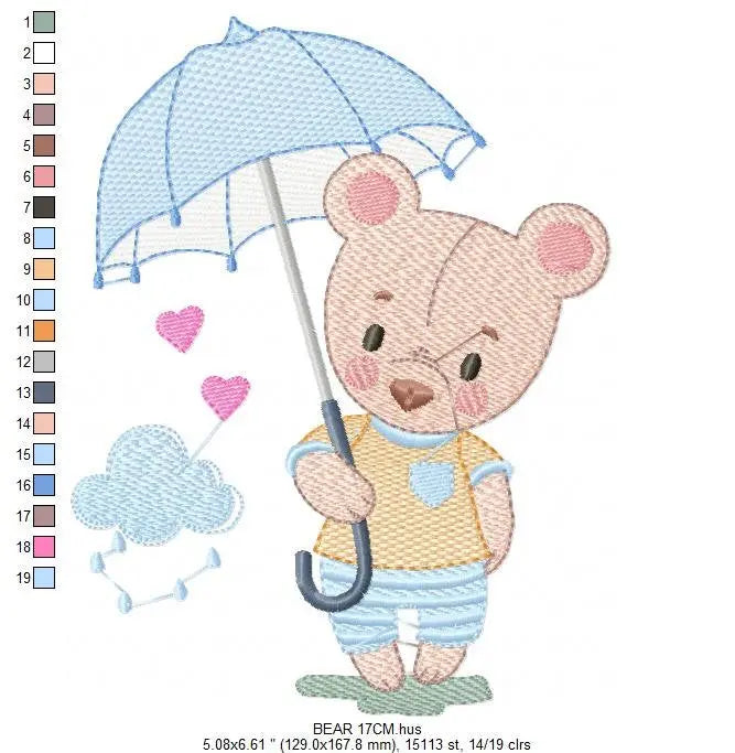 Bear embroidery designs - Teddy Bear machine embroidery pattern - Baby boy Bear with umbrella raining file - Instant digital download pes Marcia Embroidery