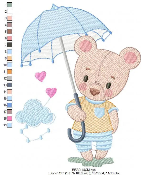 Bear embroidery designs - Teddy Bear machine embroidery pattern - Baby boy Bear with umbrella raining file - Instant digital download pes Marcia Embroidery