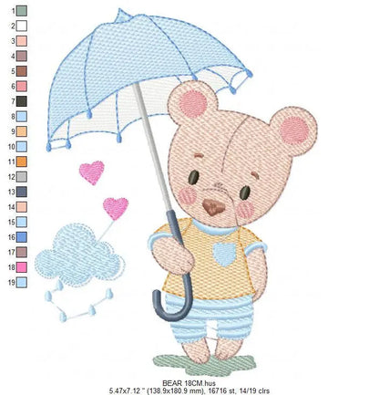 Bear embroidery designs - Teddy Bear machine embroidery pattern - Baby boy Bear with umbrella raining file - Instant digital download pes Marcia Embroidery