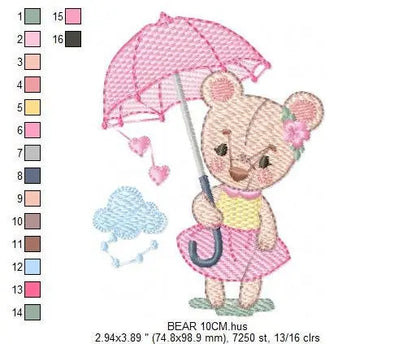Bear embroidery designs - Teddy embroidery design machine embroidery pattern - bear with umbrella embroidery file - instant download raining Marcia Embroidery