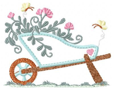 Flower cart embroidery designs - Flowercart Garden with butterflies machine embroidery pattern - Floral kitchen towel - Instant download