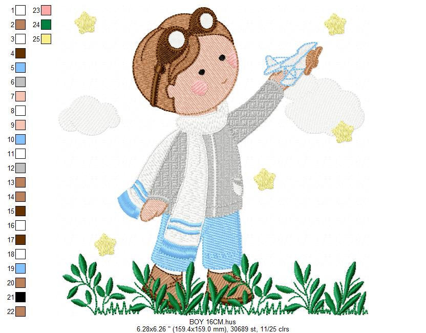 Pilot with goggles embroidery designs - Aviator with toy plane machine embroidery pattern - Baby boy file - Instant digital download pes